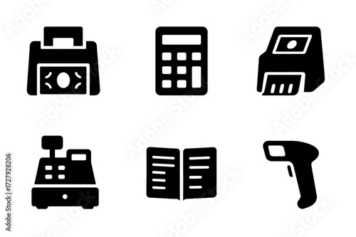 Banknote Counting Tools. Solid, filled icon set of banknote counting tools: cash counter, calculator, money scale, coin sorter, cash register, ledger book,