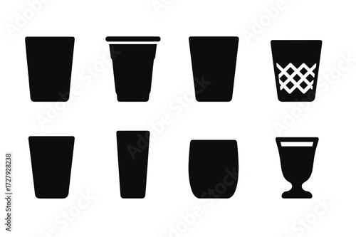 Black Drinkware Icons. Solid, filled icon set of highball drinkware: glass tumbler, plastic cup, frosted glass, etched glass, colored glass, tall glass, short
