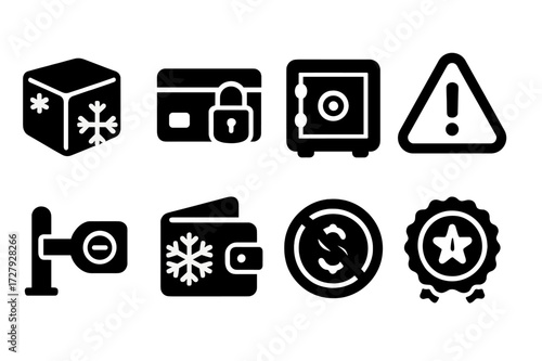 Freeze Alert Icons. Solid, filled icon set of freeze alert: ice block, padlock on card, locked safe, alert sign, restricted access, frozen wallet, canceled