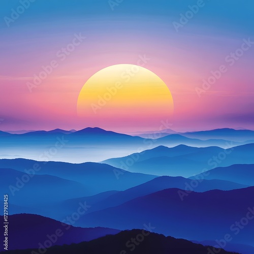 Serene Sunset Over Misty Blue Mountains Landscape