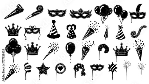 Celebrate joyfully with a vibrant collection of party essentials including festive masks, balloons, crowns, confetti poppers, and sparkling fireworks for unforgettable events.