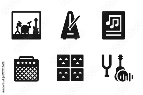 Live Band Rehearsal Icons. Solid, filled icon set of live band rehearsal: practice room, metronome, sheet music, headphones, amplifier, soundproof walls,