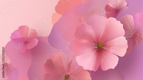 Soft abstract floral background with layered translucent pink cosmos petals and dreamy pastel gradient design for elegant invitations, posters, banners, or digital wallpapers