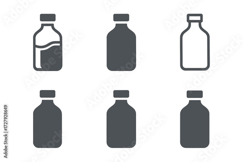 Harmonious Bottle Logos. Product packaging. Set Logo of product packaging: Bottle icon. harmonious logo variations of the same emblematic concept (Stylized