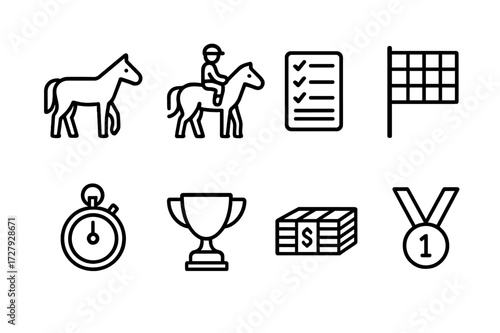 Horse Betting Icons. Outline icon set of horse betting: horse, jockey, betting slip, race flag, stopwatch, trophy, money stack, winner medal. Line icons in