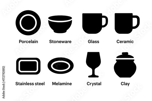 Dishware Icon Set. Solid, filled icon set of dishware materials: porcelain plate, stoneware bowl, glass cup, ceramic mug, stainless steel tray, melamine plate,