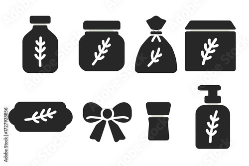 Lavender Packaging Icons. Solid, filled icon set of lavender packaging: glass bottle, jar, sachet, box, label, ribbon, cork stopper, pump bottle. Solid, filled
