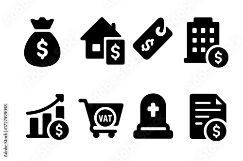 Tax Icons Grid. Solid, filled icon set of tax types: income tax, property tax, sales tax, corporate tax, capital gains tax, value-added tax (VAT), inheritance