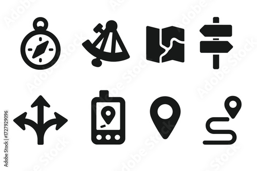 Navigation Tool Icons. Solid, filled icon set of navigation tools: compass, sextant, map, road sign, directional arrows, GPS device, location marker, walking