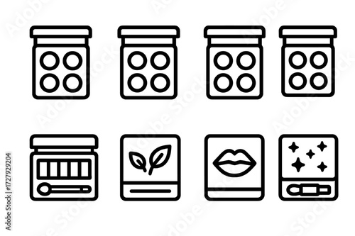 Cosmetic Icon Palette. Solid, filled icon set of cosmetics color palettes: nude shades, bright colors, pastel tones, metallics, smoky eyes, natural look, bold