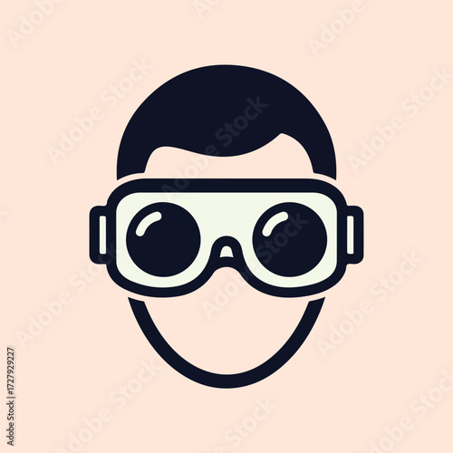 Simple icon of a persons head wearing large goggles.