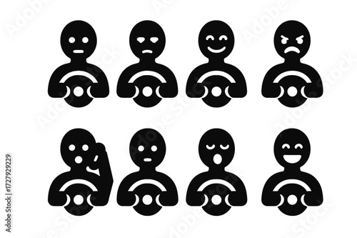 Driver Emotion Icons. Solid, filled icon set of driver emotions: focused face, tired eyes, smile, angry face, surprised expression, talking on phone, yawning,