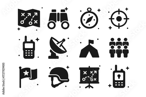 Military Strategy Icons. Military strategy. Solid icons set of map with arrows, binoculars, compass, walkie-talkie, satellite dish, target scope, tactical