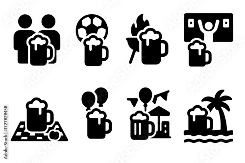 Draft Beer Icons. Solid, filled icon set of draft beer serving occasions: casual gathering, sports event, barbecue, concert, picnic, party, rooftop bar, beach