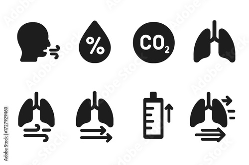 Breath Measurement Icons. Solid, filled icon set of breath measurement units: breaths per minute, oxygen saturation, CO2 level, airflow volume, tidal volume,