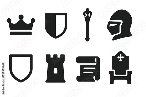 Medieval Icon Set. Solid, filled icon set of baron symbols: crown, coat of arms, scepter, medieval helmet, heraldic shield, castle tower, scroll, throne.