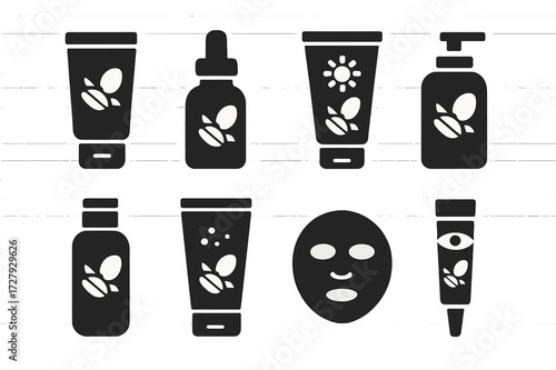 Shea Skincare Icons. Solid, filled icon set of shea butter related skincare: moisturizer, serum, sunscreen, cleanser, toner, exfoliator, mask, eye cream.