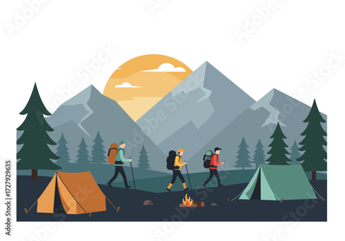 Scenic View of Hikers Walking to a Campsite in the Mountains