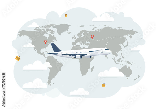 An Airplane Flying Across a World Map Above the Clouds