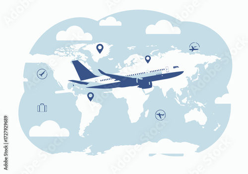 A Commercial Airplane Flying Across Continents with Clouds Around It