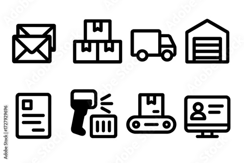 Bulk Sender Icons. Solid, filled icon set of bulk sender: multiple envelopes, stack of parcels, delivery truck, warehouse, shipping label, barcode scanner,
