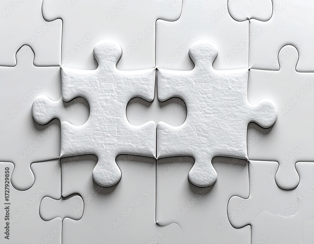 Fototapeta premium Two white puzzle pieces perfectly joined, surrounded by numerous other pieces forming a cohesive, unified whole