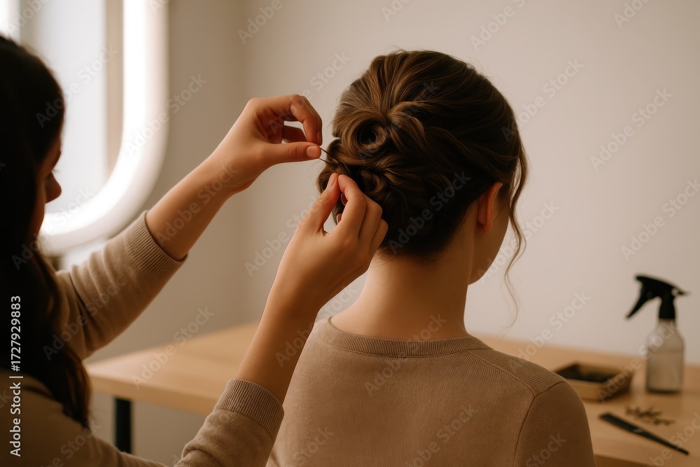 Fototapeta premium Stylist shaping elegant updo on client from back view in salon with soft window light