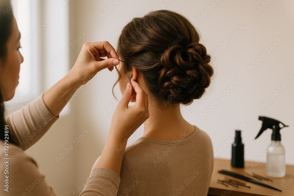 Naklejka premium Stylist shaping elegant updo on client from back view in salon with soft window light