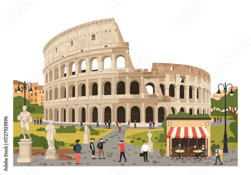 Illustration of the Rome Colosseum with Tourists Walking Around