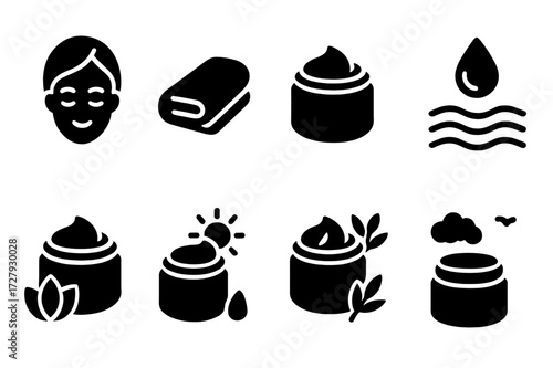 Skincare Icons Grid. Solid, filled icon set of cream balm environment: clean skin, soft towel, natural oils, hydration, relaxation, sun protection, soothing