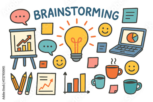Creative Brainstorming Doodles. Brainstorming session. Colorful Hand-drawn doodle Children illustration brainstorming session whiteboard, light bulb, sticky