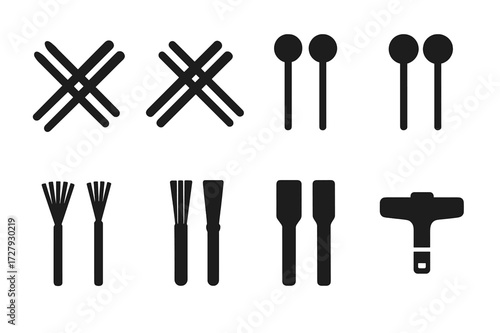 Drumstick Icon Set. Solid, filled icon set of stick bag content: wooden sticks, plastic sticks, nylon tips, felt mallets, brushes, double sticks, practice