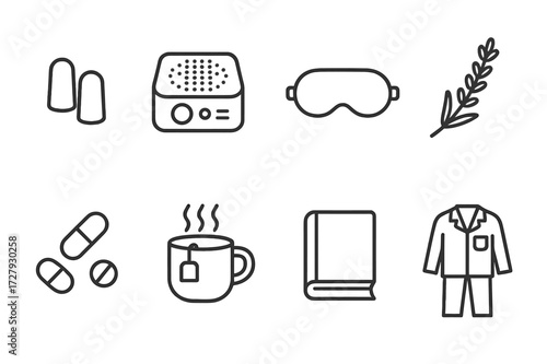 Sleep Aid Icons. Outline icon set of sleep aids: earplugs, white noise machine, eye mask, lavender, sleep pills, hot tea, book, pajamas. Line icons in only
