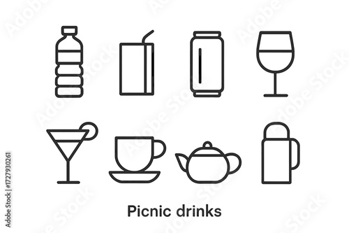 Picnic Drink Icons. Outline icon set of picnic drinks: water bottle, juice box, soda can, wine glass, cocktail, coffee cup, tea pot, thermos. Line icons in