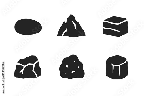 Natural Stone Icon Set. Solid, filled icon set of natural stone forms: river stone, mountain rock, sandstone, granite block, marble chunk, slate piece,