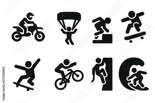 Extreme Sports Icons. Solid, filled icon set of reckless sports: motocross jump, base jumping, parkour, skateboarding trick, skydiving, BMX stunt, cliff
