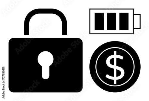 Bold lock for security, charged battery for energy, and dollar coin for finance. Ideal for cybersecurity, savings, power management, digital wallets, safety, system efficiency and economy themes