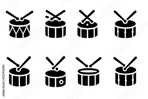 Drum Rhythm Icon Set. Solid, filled icon set of war drum rhythm patterns: march beat, double stroke roll, flam, paradiddle, rimshot, ghost note, fill, break.