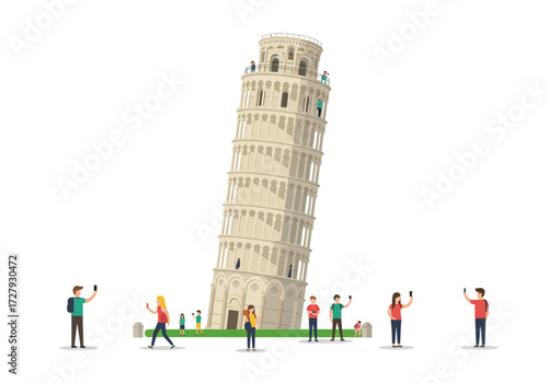 Italy's Leaning Tower of Pisa with Tourists Taking Photos Around the Tower