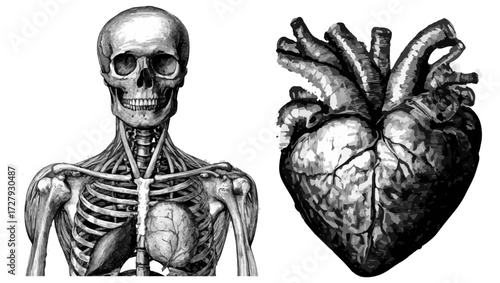 Detailed anatomical illustration of human skull and muscular system alongside a realistic, grayscale human heart, perfect for medical education and scientific visualization.