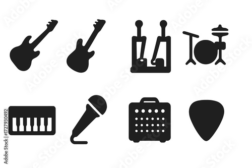 Music Instrument Icons. Solid, filled icon set of metal instruments: electric guitar, bass guitar, double bass pedal, drum kit, keyboard, microphone,