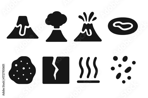 Volcanic Icons Set. Solid, filled icon set of volcano and eruption: lava stream, ash cloud, erupting peak, magma pool, soot-covered rock, tremor crack, heat