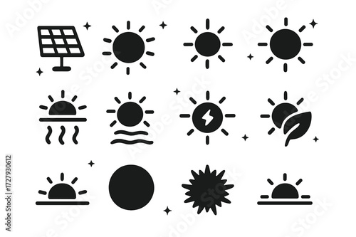 Solar Energy Icons. Sun energy. Solid icons set of sun energy: solar panel, radiant sun, shining orb, sun rays, hot sun, heat waves, glowing disk, power sun,
