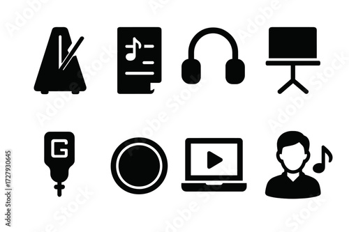 Solo Practice Tools. Solid, filled icon set of solo practice tools: metronome, sheet music, headphones, music stand, tuner, practice pad, video tutorial,