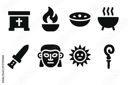 Ancient Ritual Icon Set. Solid, filled icon set of ancient religious items: altar, sacred flame, offering bowl, incense, ceremonial knife, oracle mask, sun