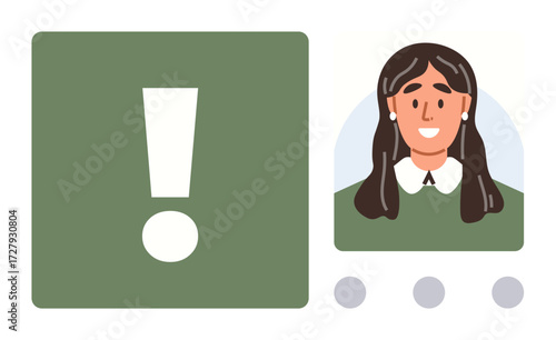 Exclamation mark beside smiling woman with dark hair in a profile box. Ideal for user alert, notification, caution, profile management, communication, system message, focus. Minimal flat design