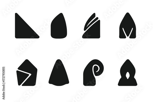 Folded Napkin Icons. Solid, filled icon set of folded napkin silhouettes: angular fold, curved edge, layered fold, pointed tip, tucked edge, wide base, tight