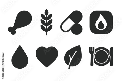 Nutritional Icons Grid. Solid, filled icon set of nutritional elements: protein symbol, fiber icon, vitamin capsule, calorie count, water droplet, heart