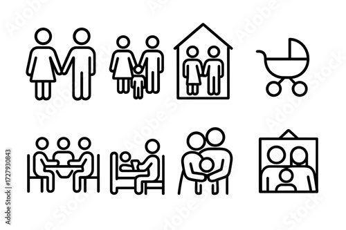 Family Icon Set. Outline icon set of parents and family: mother and father holding hands, parents with child, family home, stroller, family meal, bedtime