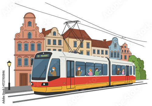 A Red Tram on its Tracks in a City with Historical Architecture
